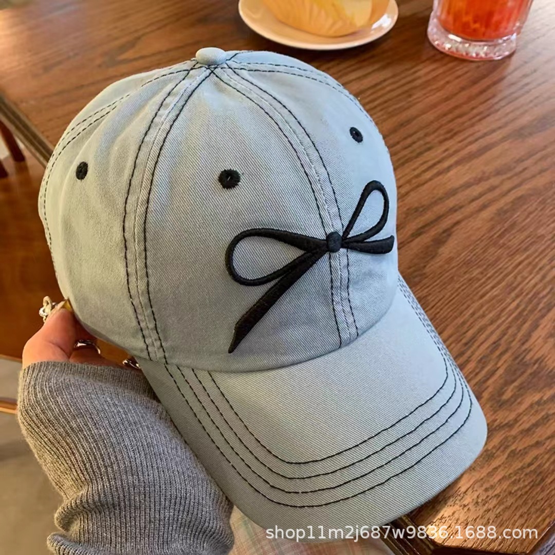 棒球帽韩国ins刺绣蝴蝶结明线女博主同款牛仔防晒鸭舌帽子情侣款