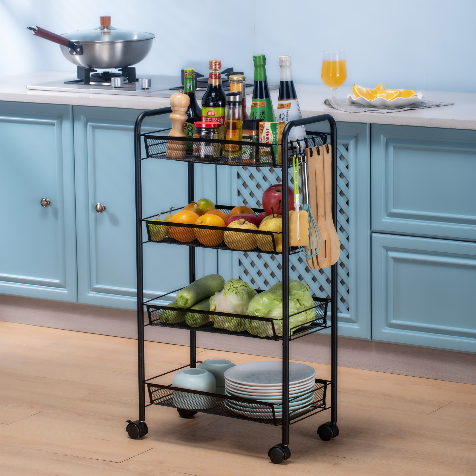跨境厨房置物架小推车落地多层移动家用带轮收纳架蔬菜菜篮储物架