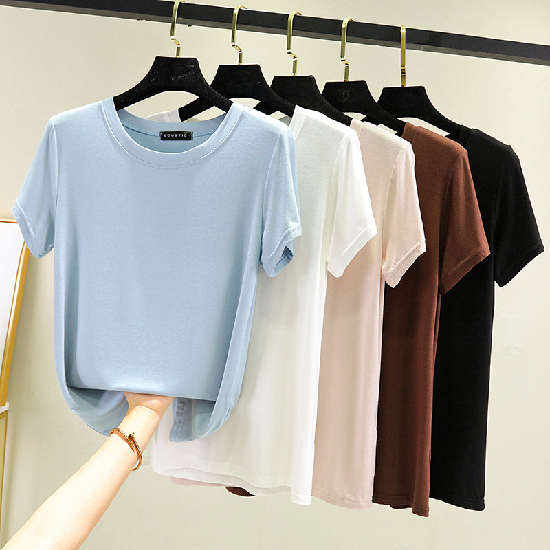 Solid Color round Neck T-shirt for Women Modal Short-Sleeved Inner Bottoming Shirt plus Size Slim-Fit Top Summer Thin Outer Wear T-shirt