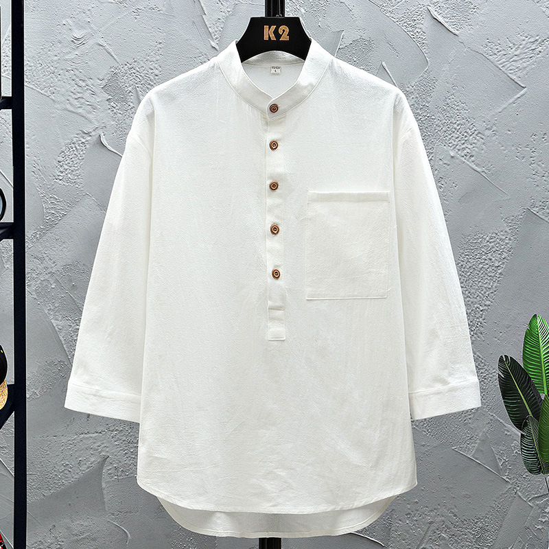 外贸男装七分袖衬衫男夏季韩版潮流青年男士短袖衬衣中袖纯色衬衣