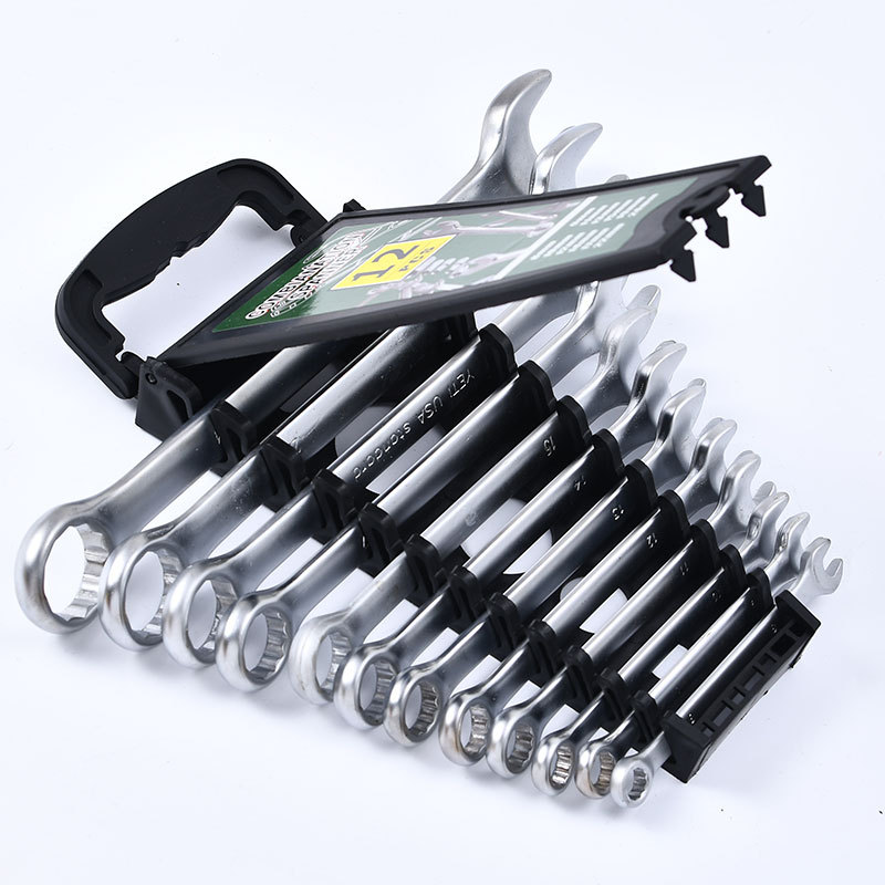 Factory Wholesale Dual-Purpose Wrench Set Full Set Double Plum Blossom Solid Wrench Convex Rib Mirror Matte Plastic Frame Hardware Tools