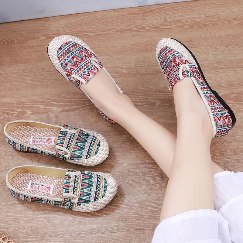 老北京布鞋女透气亚麻一脚蹬懒人鞋软底民族风妈妈鞋