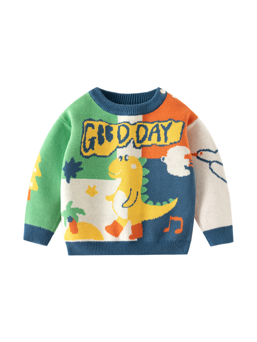 Babyu Cartoon Little Dinosaur Class a Baby Sweater Spring and Autumn Pure Cotton Knitted Children's Sweater Korean Style Boys' Sweater Baby Clothes