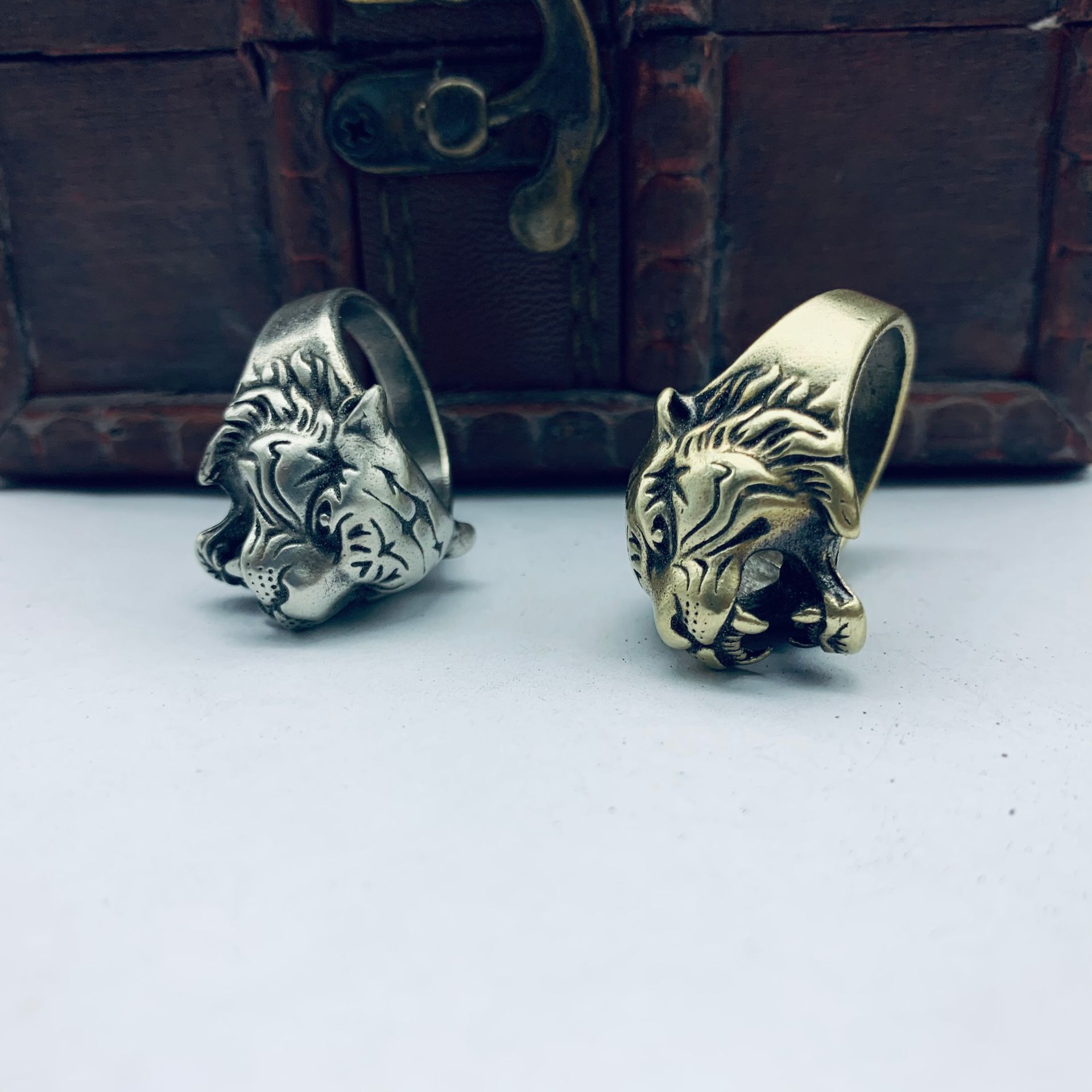 黄铜做旧老虎头戒指男士复古朋克首饰苗银指环批发尼泊尔铜民族风