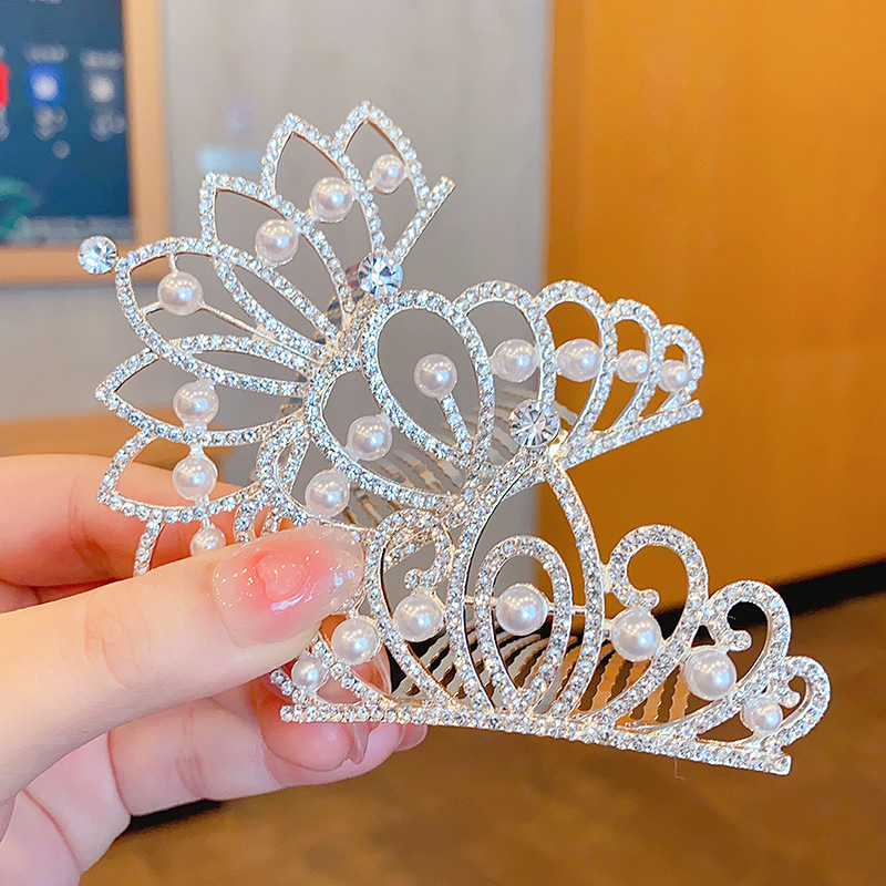 Princess Crown Hair Comb Children's Cute Headband Headdress Queen Crown Rhinestone Tuck Comb Diamond-Embedded Girl Performance Hair Ornaments