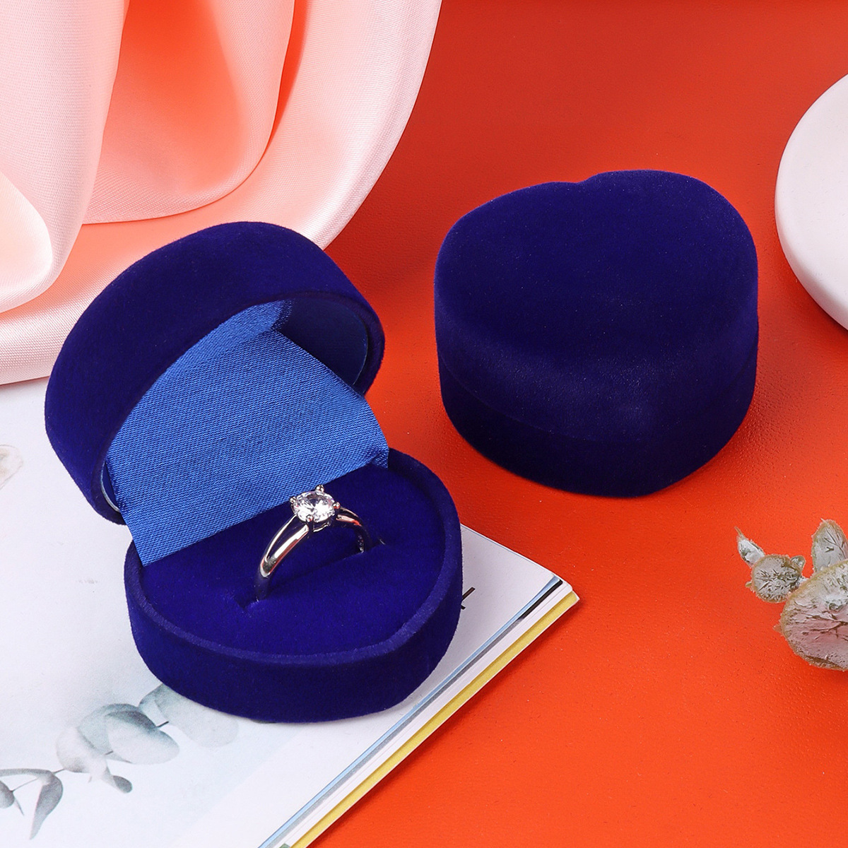 高级植绒戒指盒 蓝色绒面爱心型珠宝首饰收纳盒 情人节七夕礼品盒