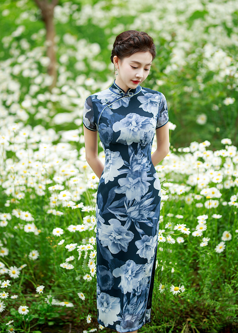 旗袍女改良版年轻款素雅夏天复古风长款连衣裙2022新款老上海批发