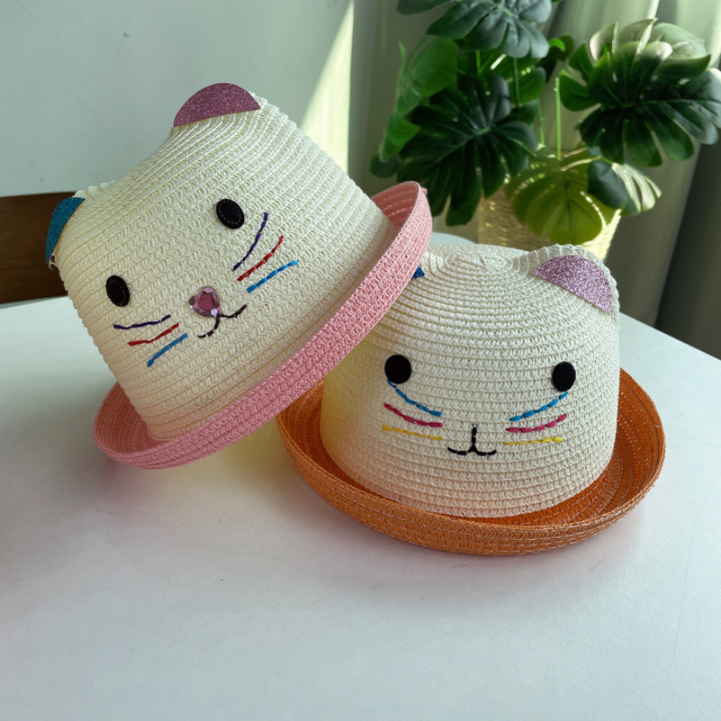 Summer Children's Fun Children's Straw Hat Embroidered Cat with Ears Small Flip Hat with Sequins Bay Hat Sun Hat 52cm