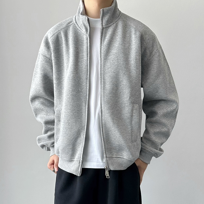 2025秋重磅基础纯色灰色开衫宽松休闲卫衣男立领拉链百搭运动外套