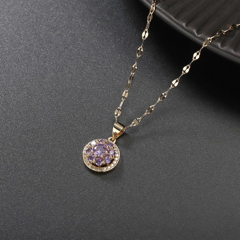 时来运转紫钻锆石旋转吊坠锁骨项链圆形满钻颈链【钛钢真金电镀】