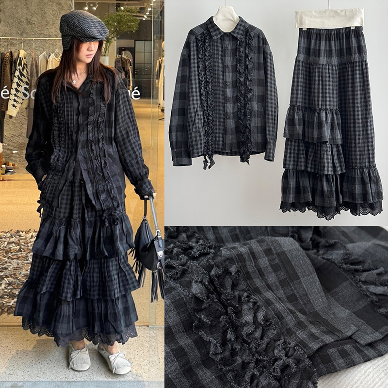 ope*yy格纹衬衫上衣秋两件套半身裙蕾丝花边长款蛋糕裙批发招主播
