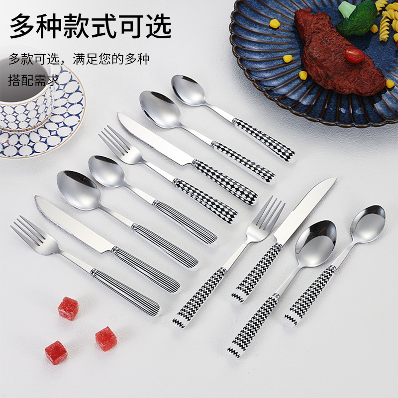 Porcelain Handle Stainless Steel Western Tableware Hepburn Style Simple Black and White Nordic Cross-Border Gift Knife, Fork and Spoon Four-Piece Set