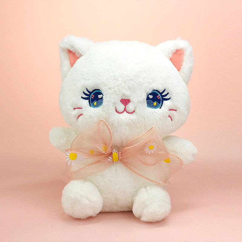 可爱睫毛猫咪白色蝴蝶结小猫毛绒公仔玩偶跨境专供女孩儿童节礼物