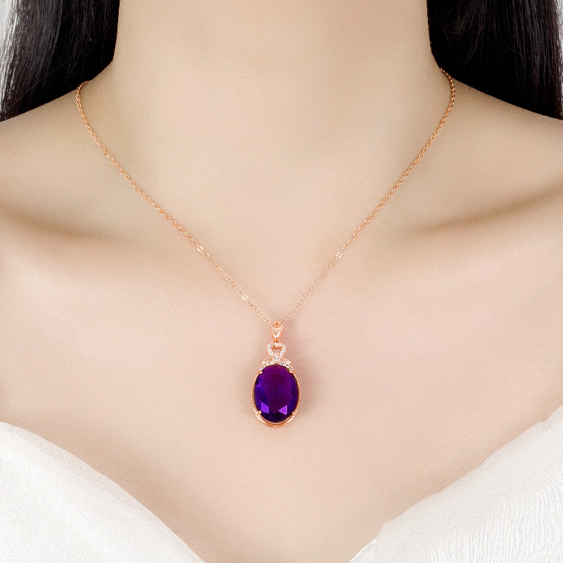 镂空心形镶钻紫水晶紫钻吊坠 镀18k玫瑰金大裸石网红爱情吊坠项链