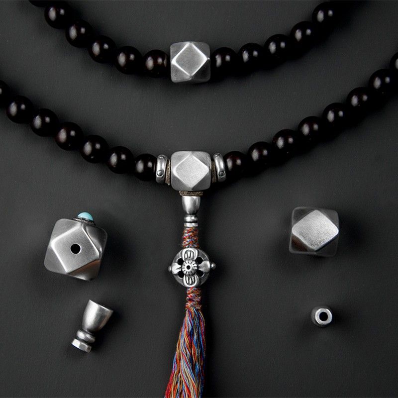 唐八棱925纯银三通大尺寸藏式佛头星月菩提百香籽文玩手串diy配饰