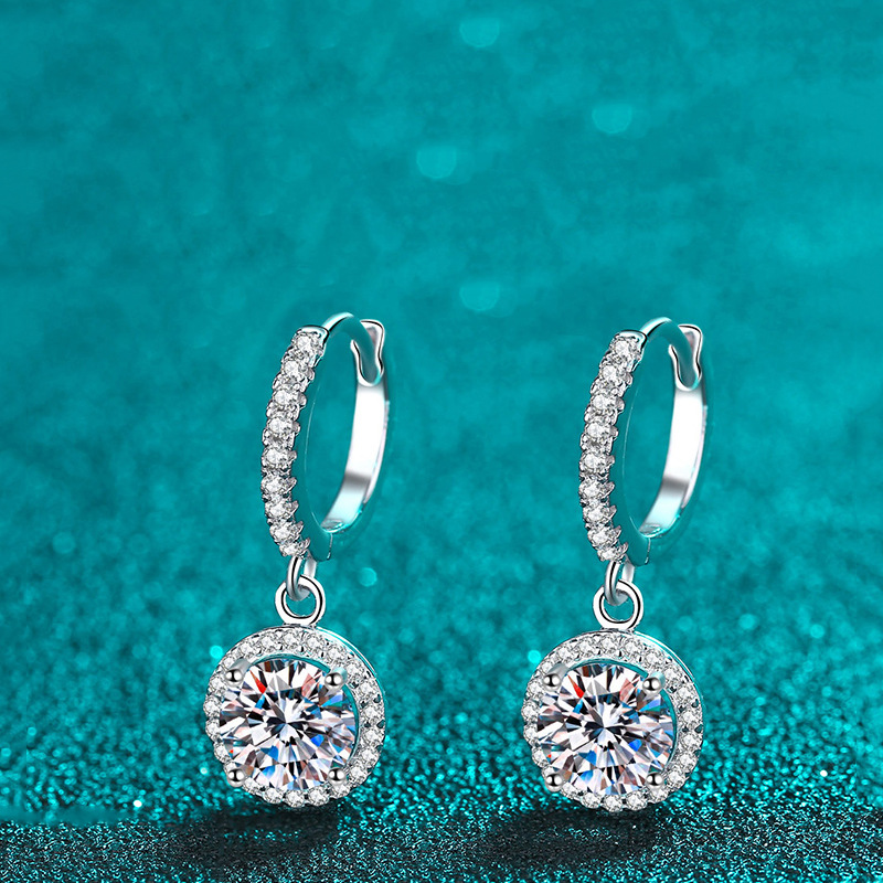 仿真莫桑1克拉耳环女钻石耳钉豪华圆包耳饰礼物送女朋友镀白金
