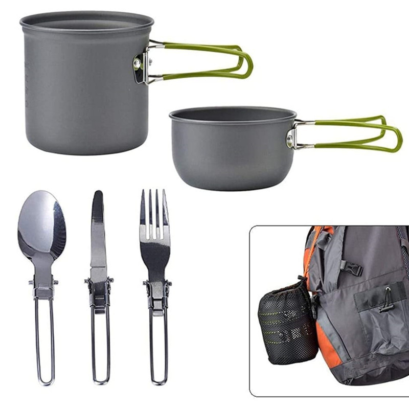 Camping Pot Outdoor Jacketed Kettle 1-2 Person Portable Camping Cookware Knife, Fork and Spoon Tableware