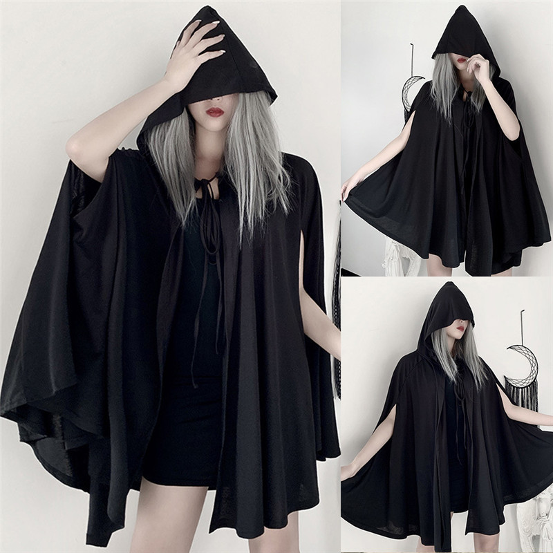 2022年欧美休闲宽松连帽斗篷黑色漏手中长款披肩户外拍照摄影披风