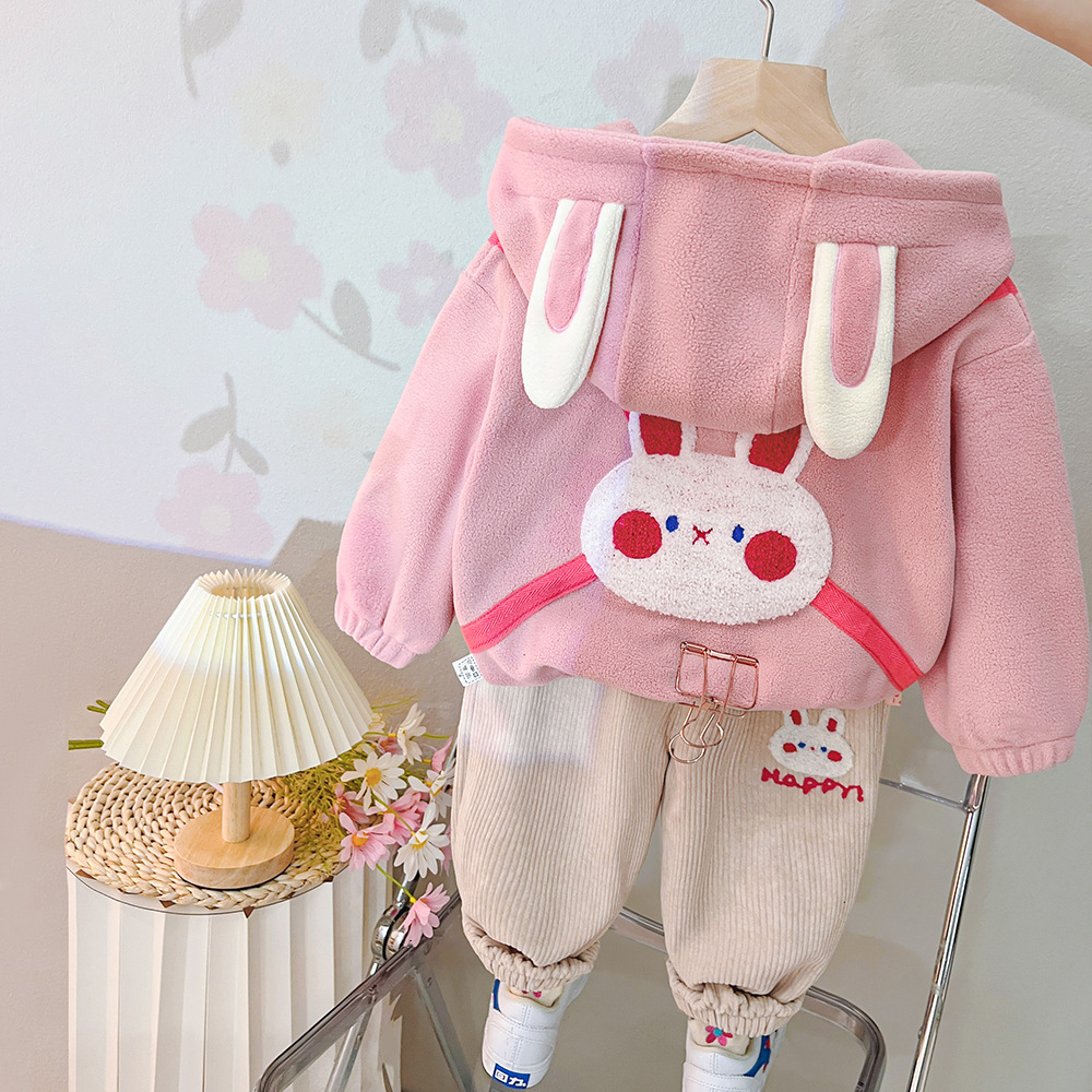 婴儿冬季加绒加厚卫衣套装外贸批发2023新款可爱连帽童装直播供货