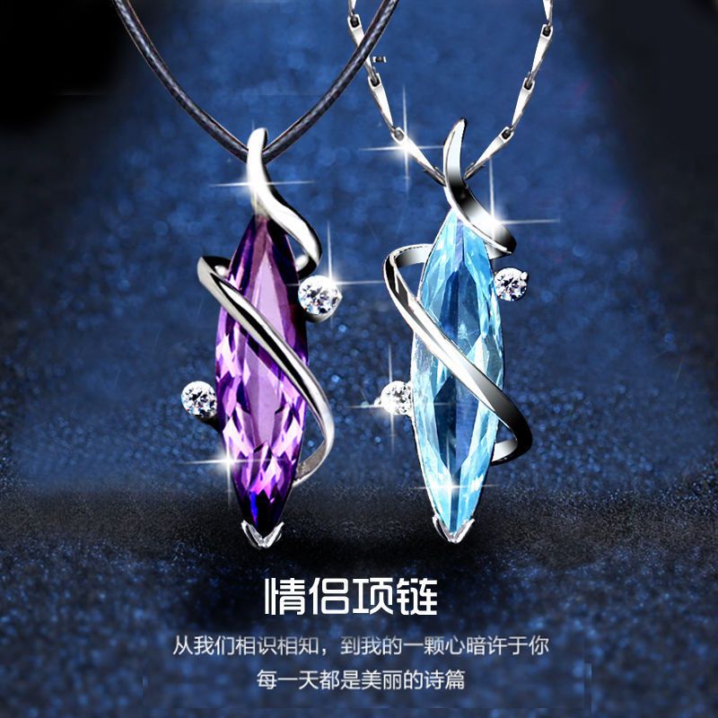 925纯银情侣款水晶项链男女一对学生吊坠刻字生日送女孩子-阿里巴巴