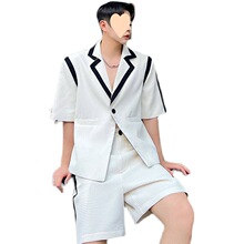 夏季韩国ins小香风撞色拼接西装套装男设计感休闲痞帅短裤两件套