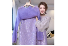 浪漫气质穿搭淑女温柔风紫色针织衫重工亮片半身裙两件套Z125296