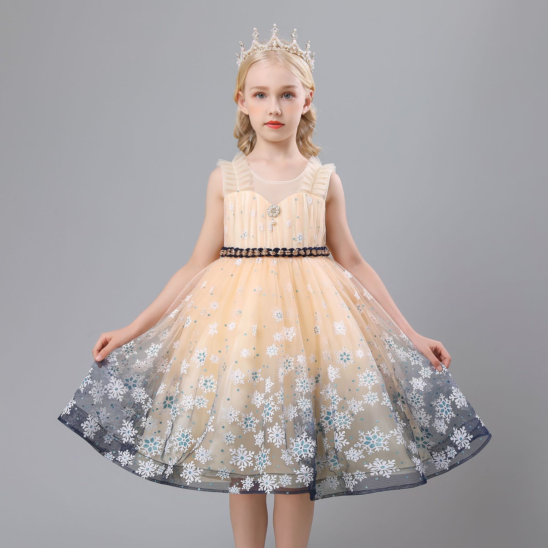 2021儿童礼服黄色短款现货公主裙女童冬季主持人走秀钢琴演出礼服