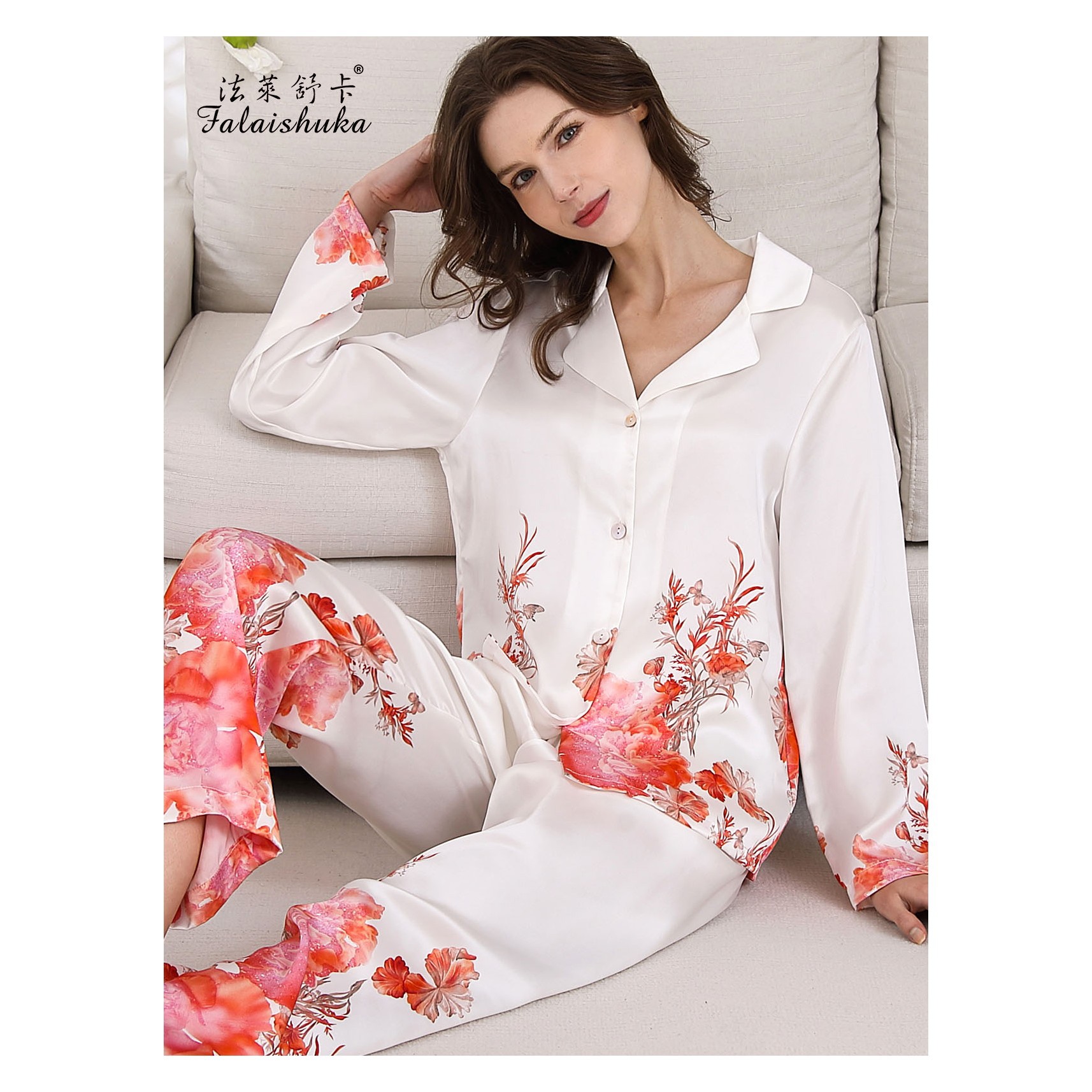 专柜女真丝睡衣春夏高档定位印花100%桑蚕丝绸家居服套装t8716