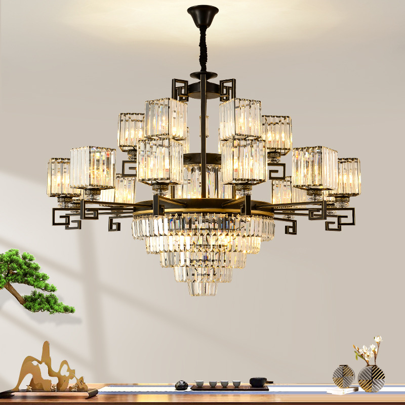 新中式客厅吊灯现代简约水晶轻奢家用餐厅大气创意大吊灯复式楼灯