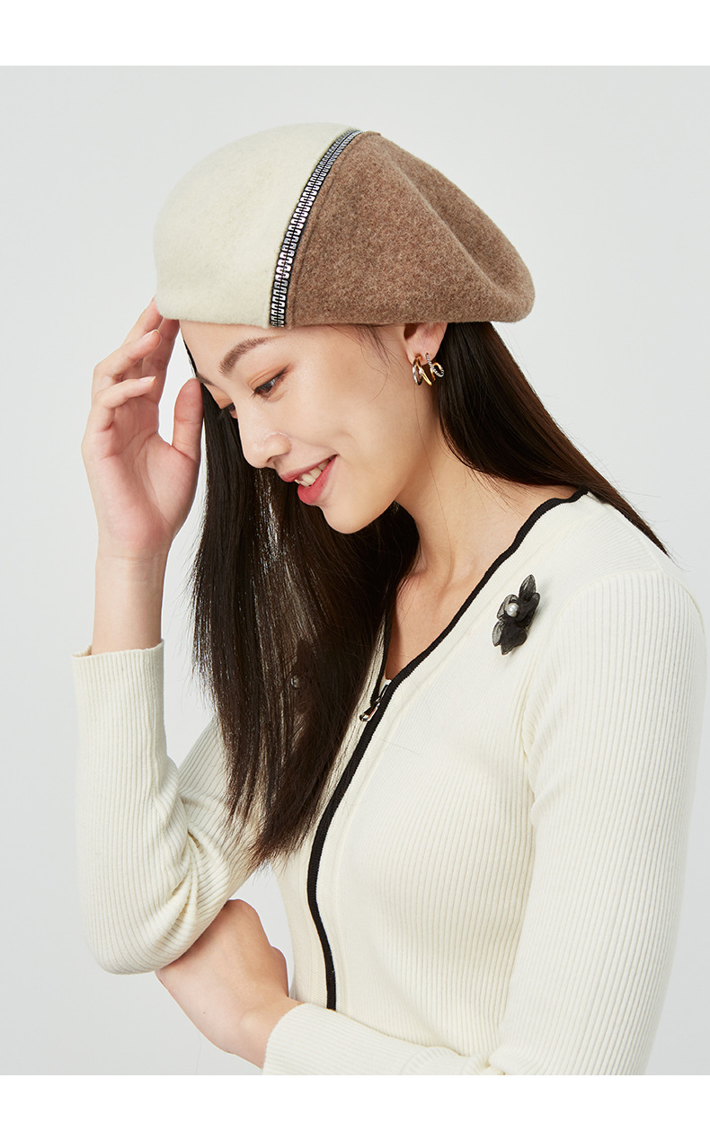 帽子秋冬撞色拼接纯羊毛贝雷帽日系复古帽子女韩版时尚百搭八角帽采购