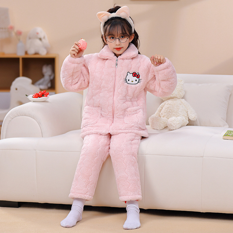 儿童睡衣冬季美乐蒂三层夹棉加厚款女童宝宝法兰绒保暖家居服套装