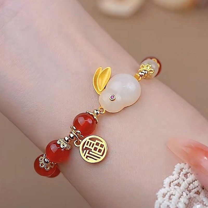 Imitation Hetian Jade Rabbit Blessing Card Bracelet for Women Ins Special-Interest Design Good-looking Students Bracelet Girlfriends Antique Gift