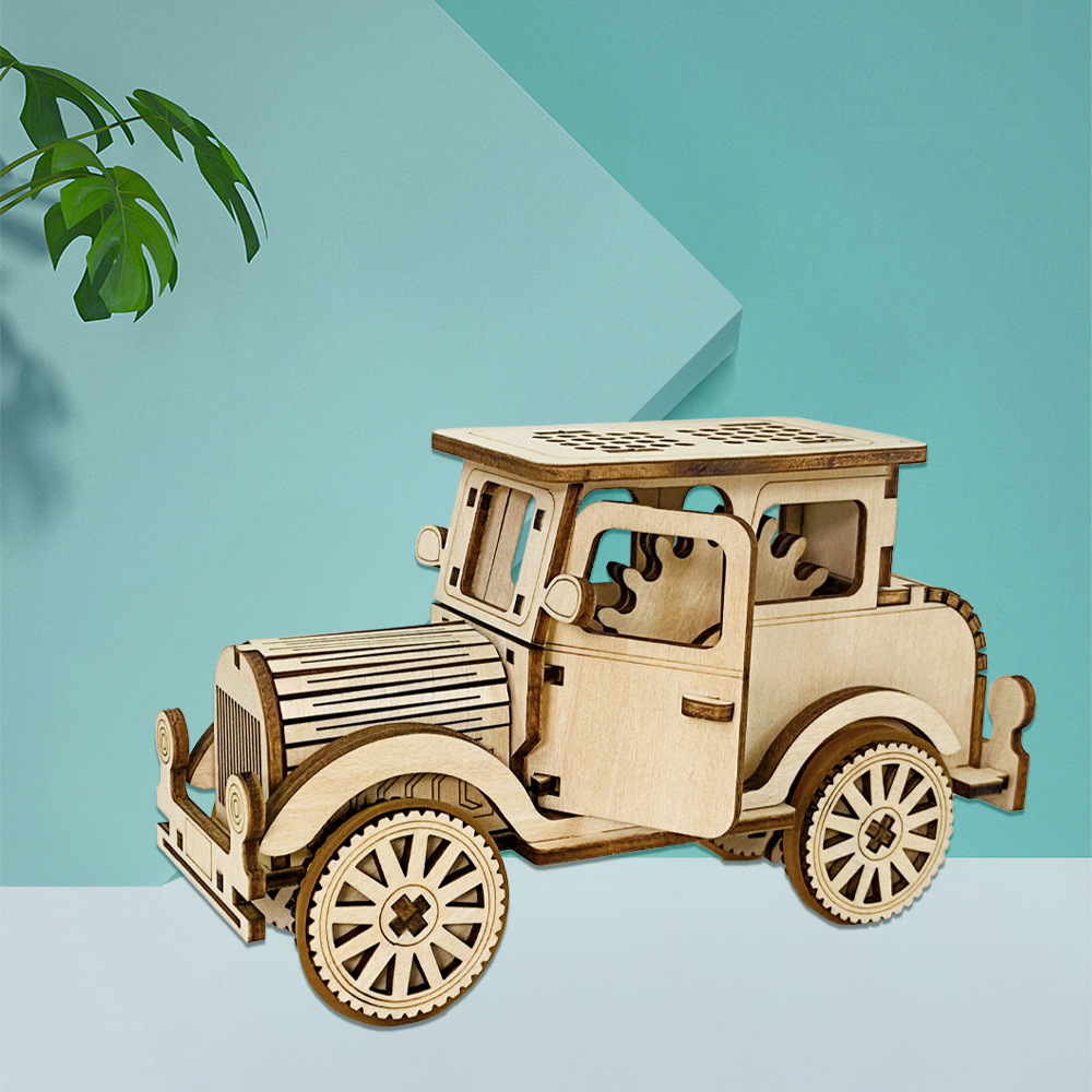 diy复古老爷车模型儿童手工拼装玩具3d木质立体拼图汽车礼物摆件