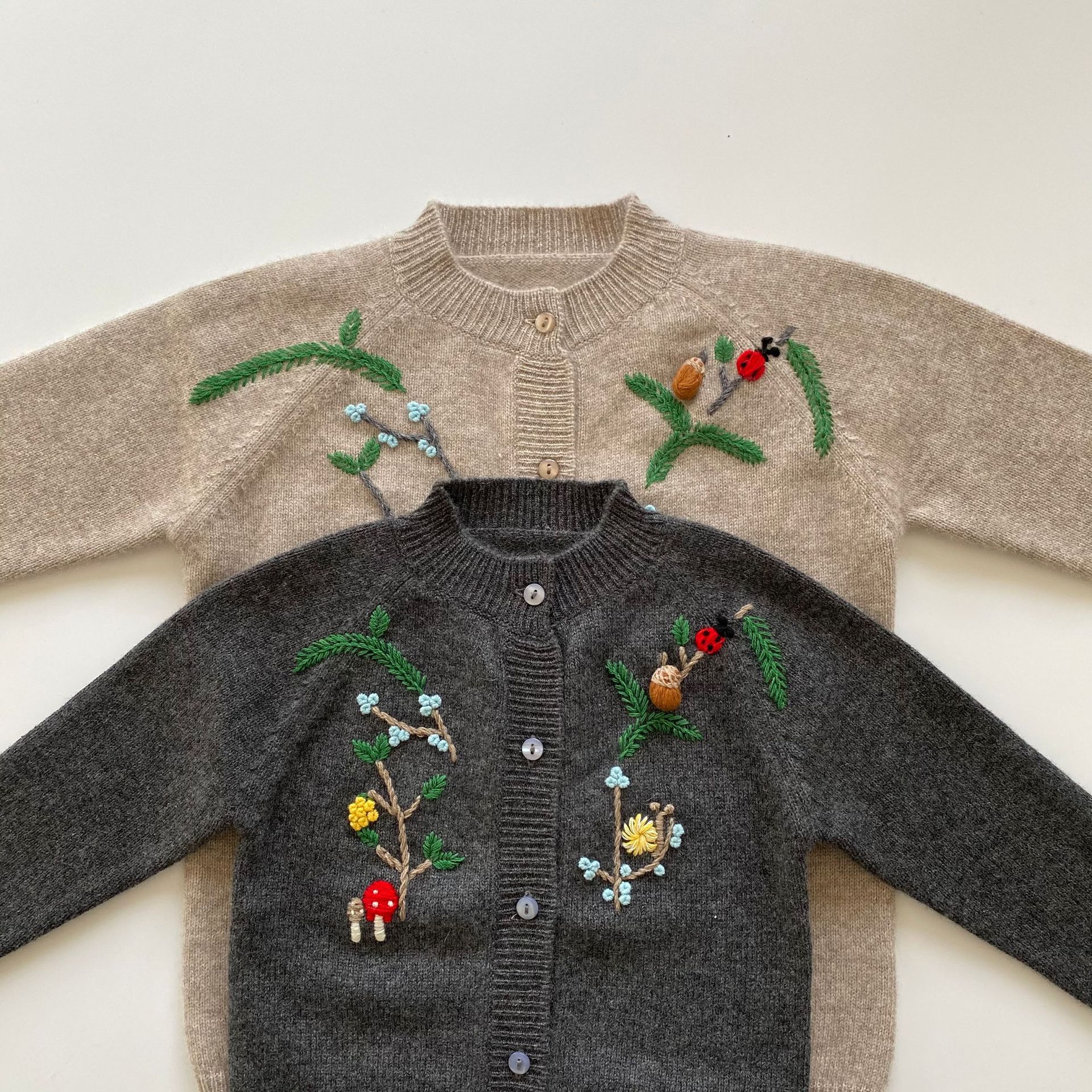 内蒙古鹏博cashmere儿童羊绒衫圆领开衫手工刺绣立体动物卡通毛衣