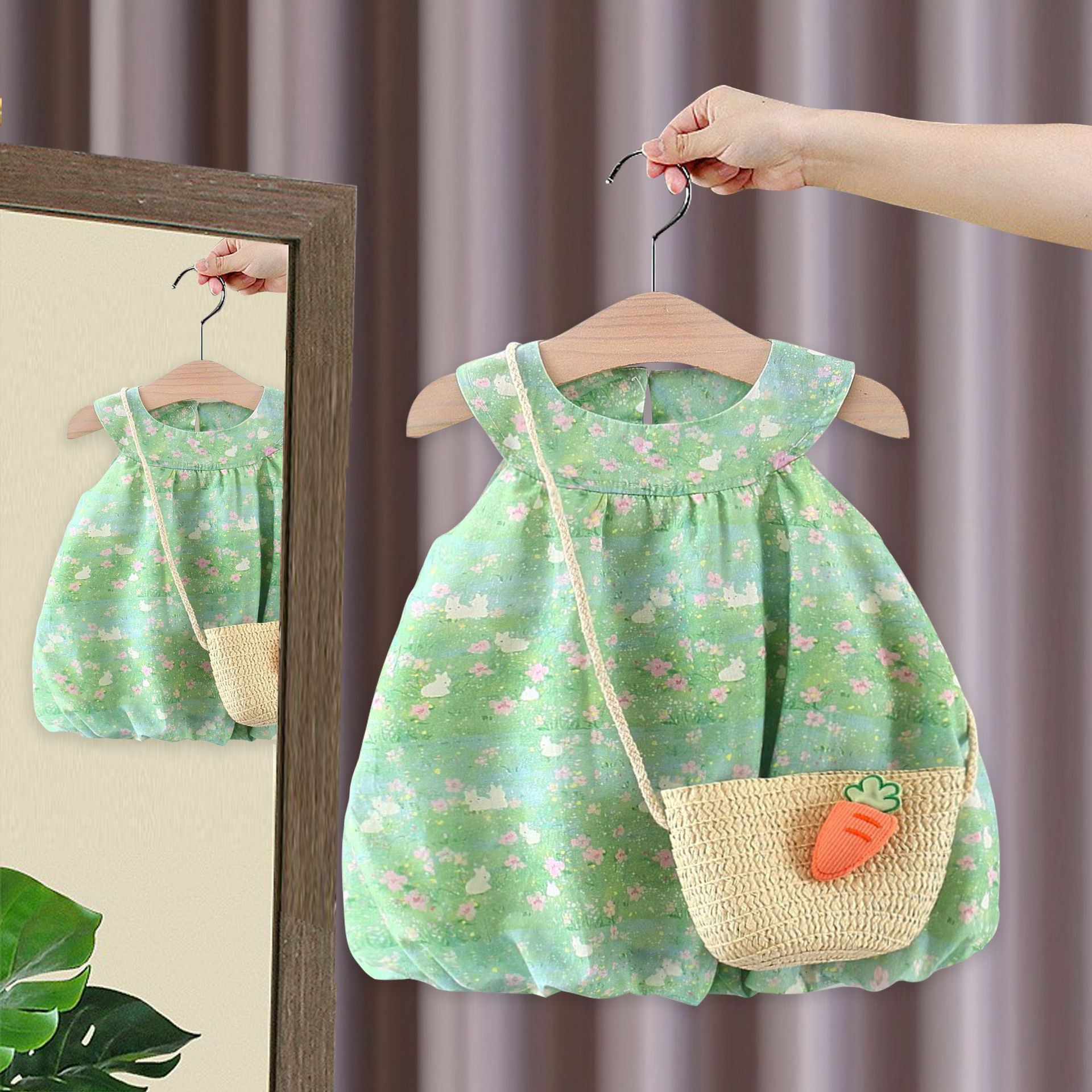 童装连衣裙2024夏季新款小女孩兔耳朵背心裙女童无袖裙送包4826