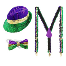跨境新款Mardi Gras狂欢节三色亮片帽男士背带领结套装奥尔良派对
