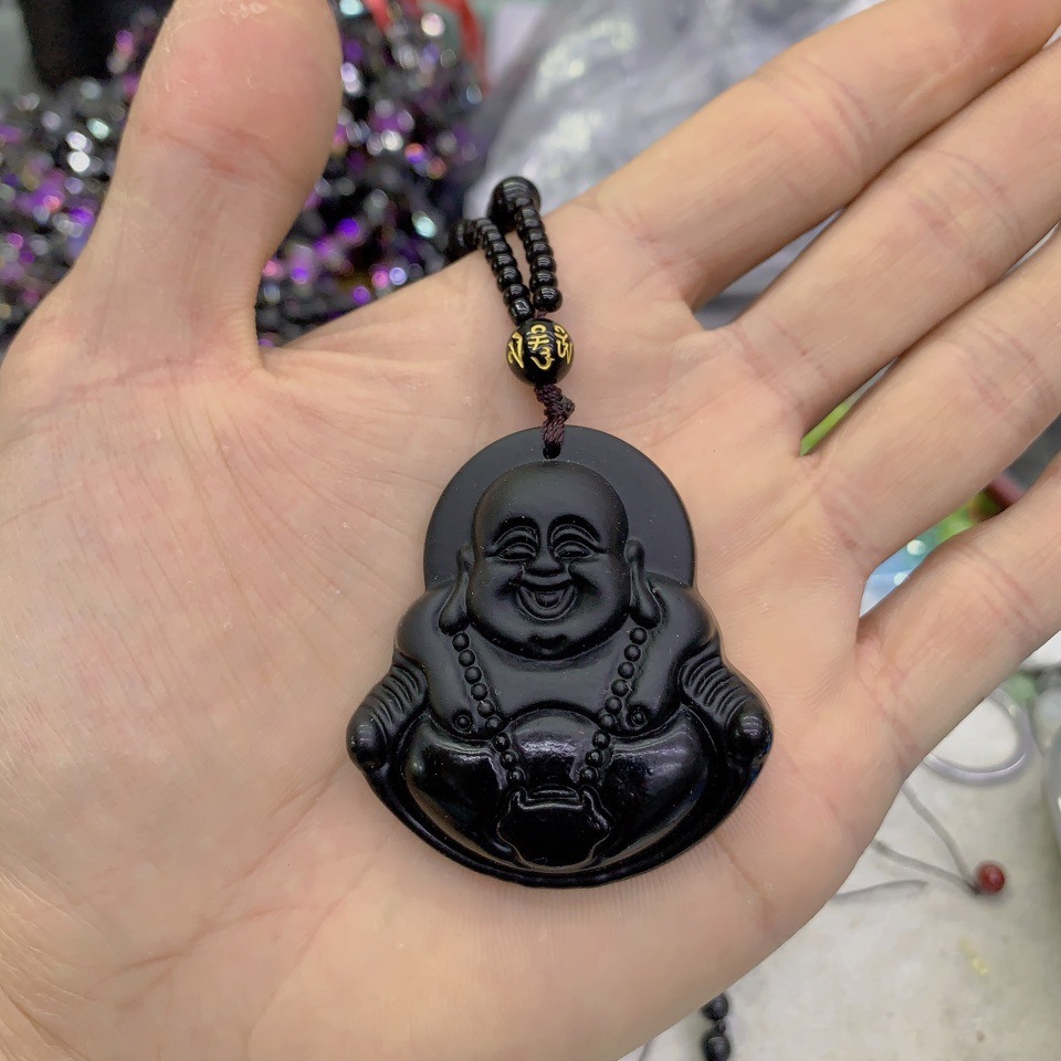 黑曜石弥勒佛吊坠加珠链项链毛衣链高5厘米宽4厘米重60克-阿里巴巴