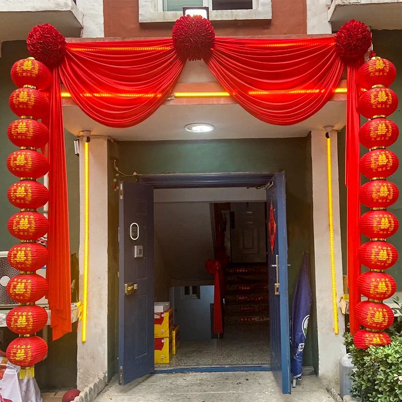 结婚单元门大门大红花球绣球门头花纱幔装饰乔迁新居婚房绸缎红布