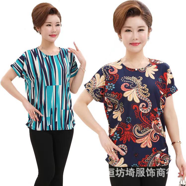 Floral Ice Silk Beauty Stripe Summer New Mother's Clothes Middle-Aged and Elderly Short-Sleeved T-shirt Loose Top Mom Short-Sleeved