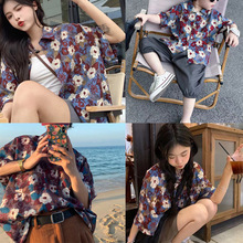 亲子装新款短袖花衬衫女日系复古港味风设计感小众夏威夷夏季衬衣
