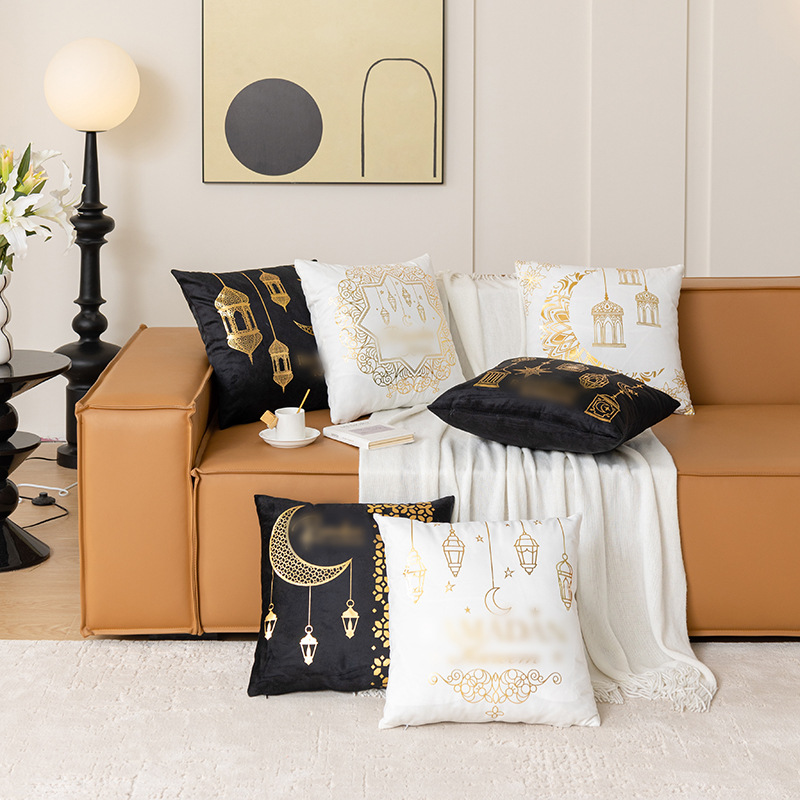 Cross-Border Golden Moon Bronzing Pillow Cover Black and White Two-Color Sofa Cushion Cover Nordic Light Luxury Short Plush Throw Pillowcase