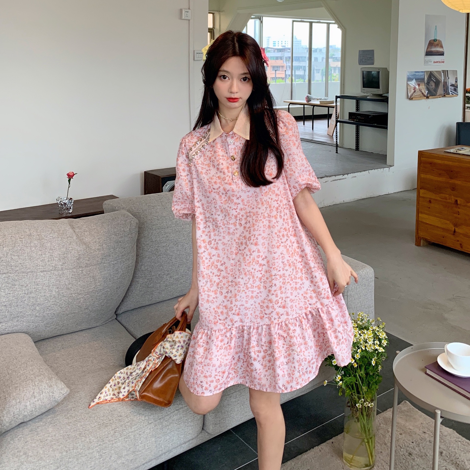 大码女装胖mm翻领气质宽松碎花娃娃裙夏季新款遮肉显瘦中长连衣裙