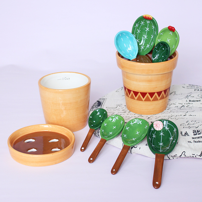 Creative Cactus Ceramic Measuring Spoon Baking Scale Measuring Spoon Household Kitchen Ceramic Salt and Sugar Small Spoon with Base