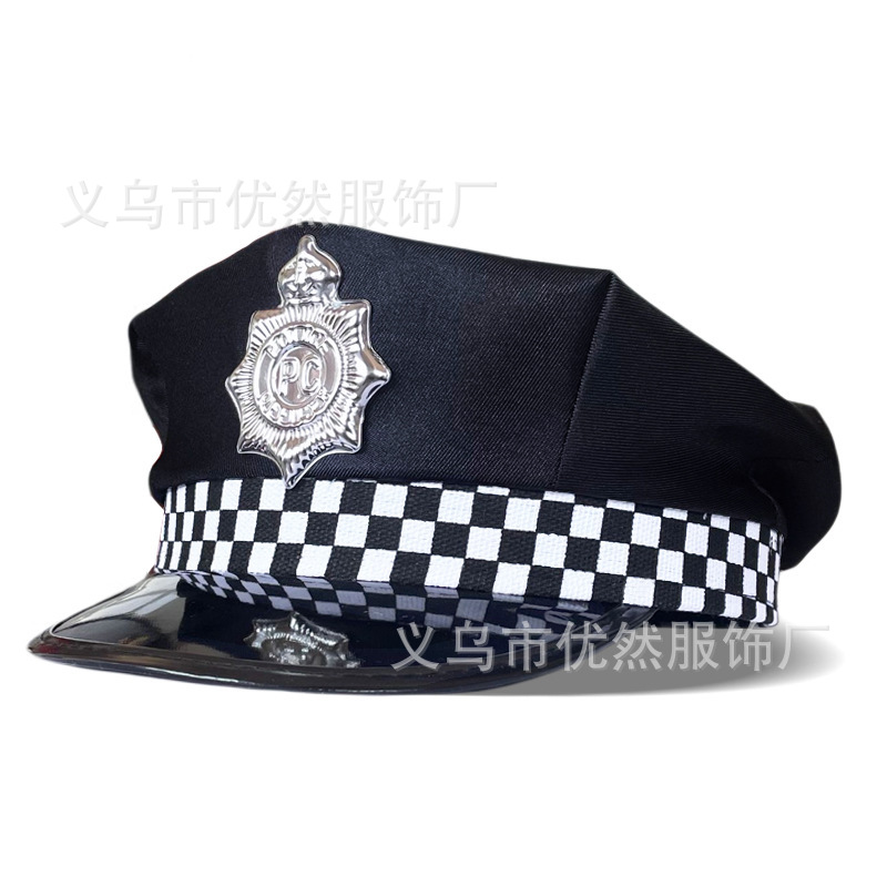 亚马逊跨境儿童警察帽子 角色扮演美国八角平顶警察帽 儿童格子帽