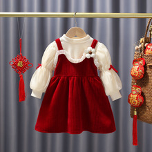 2022新款女童套裙长袖连衣裙女宝宝洋气时髦灯笼袖红色加绒公主裙