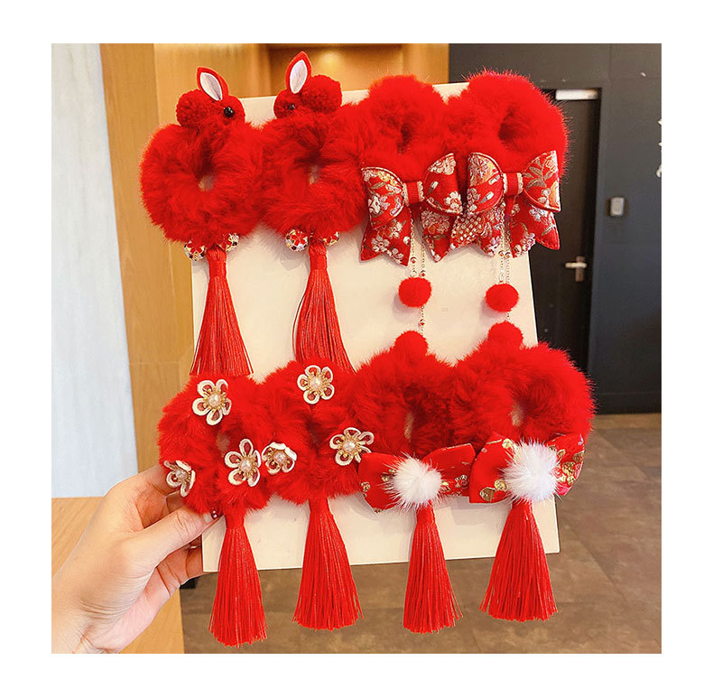 中国风儿童过年汉服头饰头花女童红色古风新年发饰小女孩红色发圈