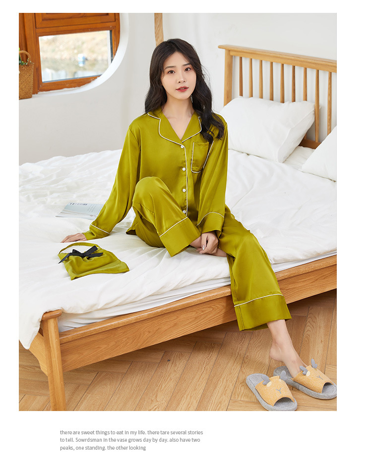 Pajamas Women's Autumn and Winter Ice Silk Long Sleeve Cardigan Suit Internet Celebrity Live Broadcast Solid Color plus Size Casual Homewear Spring and Summer