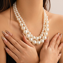 欧美跨境饰品 复古夸张大珍珠chocker锁骨链 气质多层串珠项链女