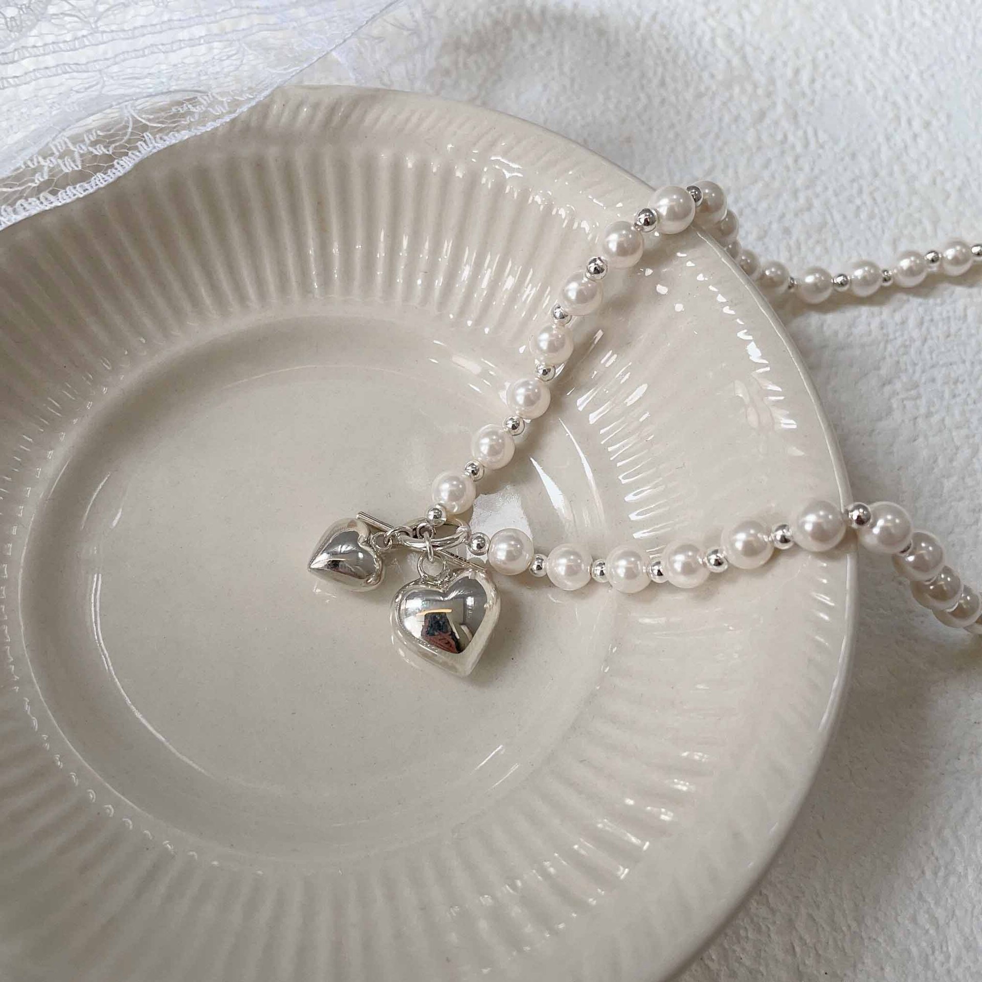 银瑞泰s925纯银爱心珍珠项链女韩国2024新款女夏天小众轻奢锁骨链