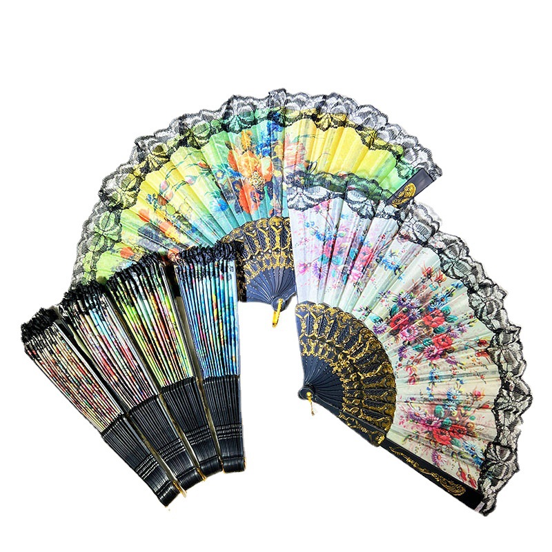 Factory Wholesale Black Flowers and Plants Lace-Trimmer Foldable Fan Plastic Fan Frame Lace Fan Antique Style Folding Fan Cheongsam and Dress Dance Fan